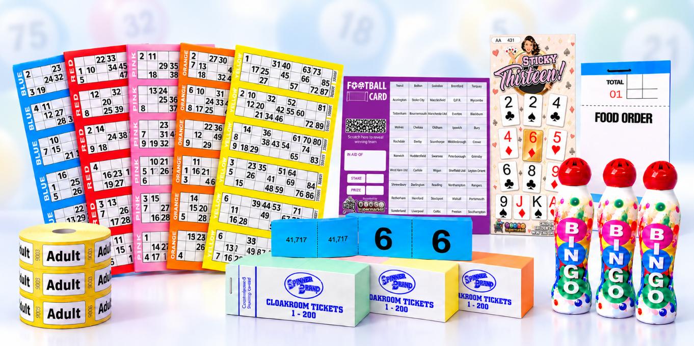 Bingo tickets, football fundraising cards, Sticky 13 tickets, food order pads, bingo dabbers, cloakroom tickets and adult admission rolls.